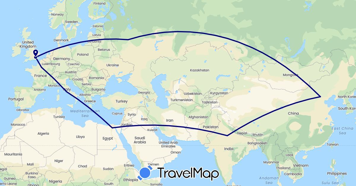 TravelMap itinerary: driving in China, Egypt, France, United Kingdom, India, Italy, Russia (Africa, Asia, Europe)